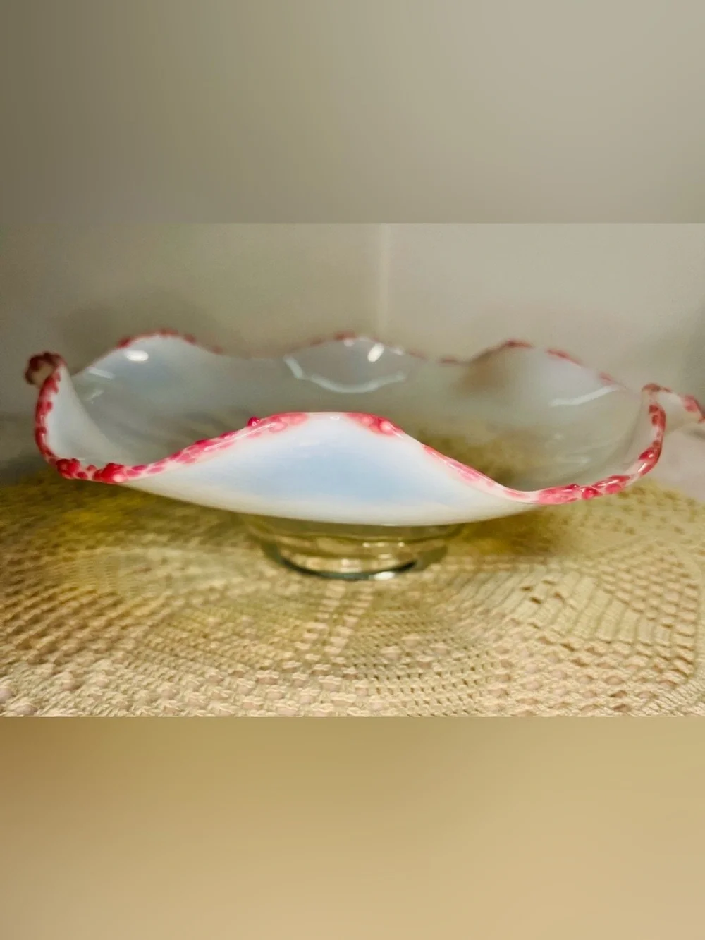 Pair Antique Cranberry Frit Moonstone Paneled Bowl Jefferson Glass Fancy Fantail